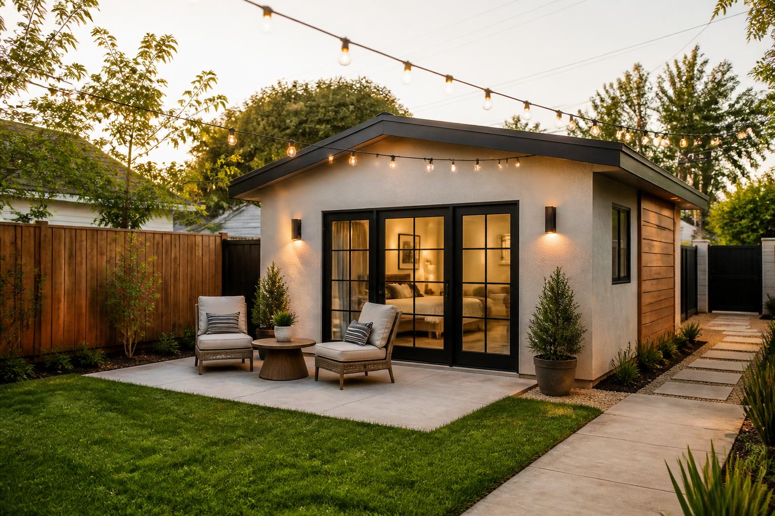 Detached garage converted into an ADU with patio seating and string lights