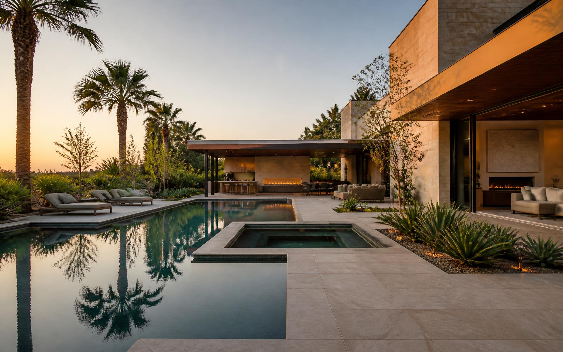 Luxury Southern California residence at golden hour with contemporary pool, stone terrace and covered outdoor living