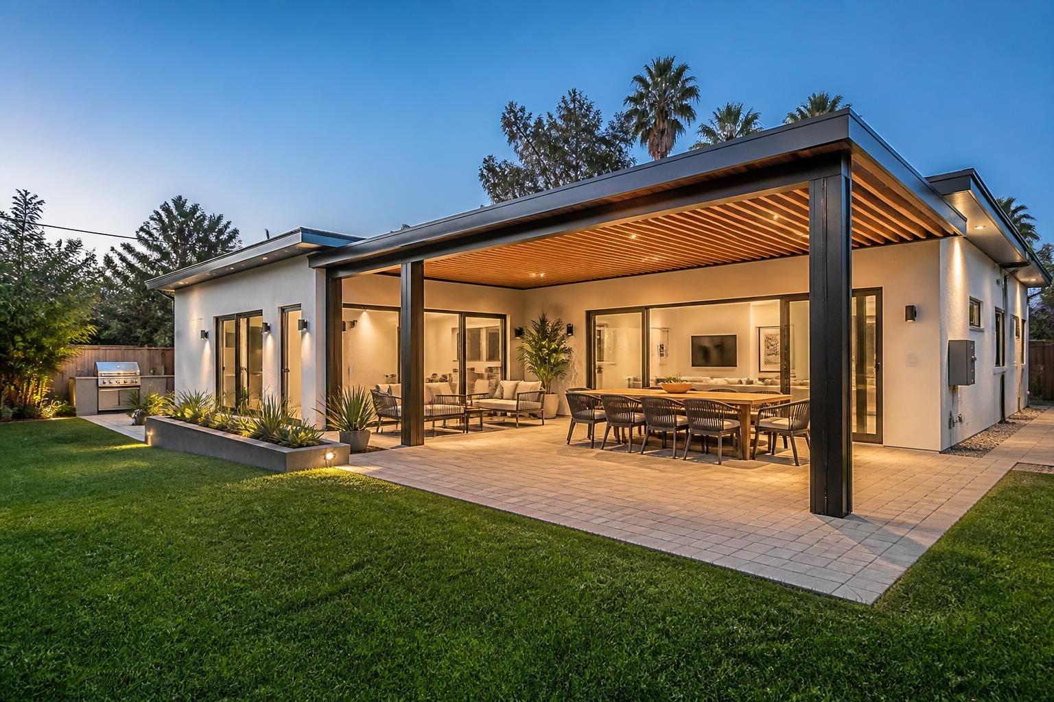 Modern ADU with large covered patio, outdoor dining and lawn at dusk