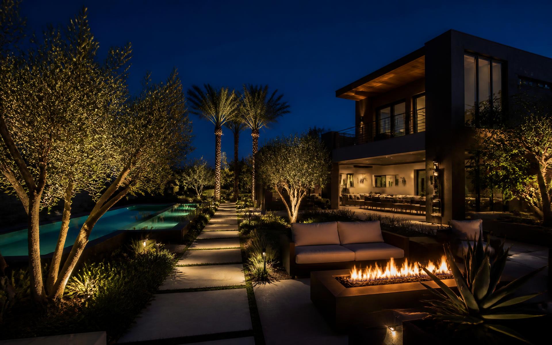 California residence at night with warm landscape lighting, illuminated pool and fire feature